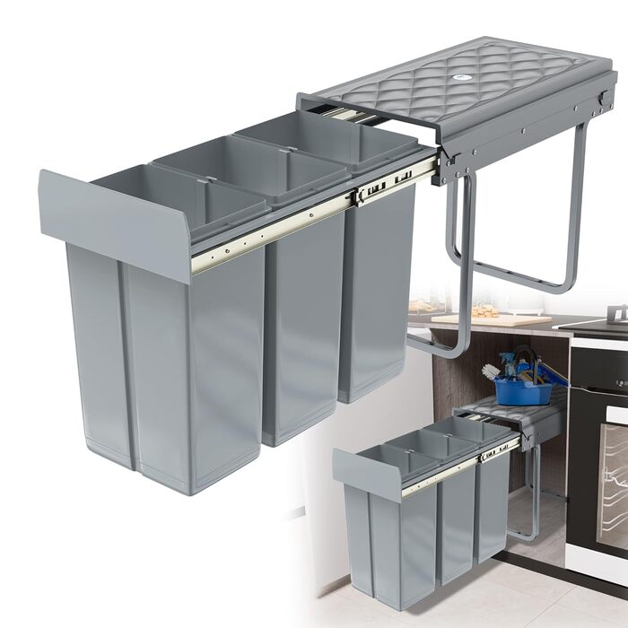 Вбудований контейнер для сміття HENGMEI для кухні, висувний, 3 секції по 10л, сірий