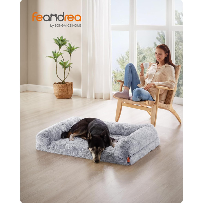 Feandrea FluffyHug Dog Bed, XL Size Dog Cushion, Dog Mat for Medium and Large Dogs, Dog Sofa with Plush Foam, Removable and Washable Cover, 106 x 80 x 23 cm, Ombré Grey PGW233G01