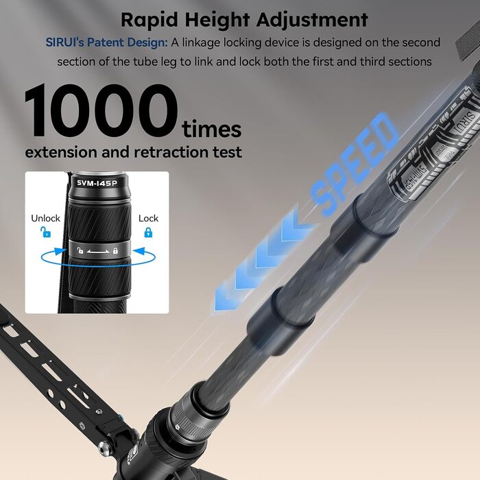 SIRUI Монопод з вуглецевого волокна з системою швидкого кріплення | 165см, професійний, 3-в-1, вантажопідйомність 10кг, для DSLR та відео (SVM-145P)