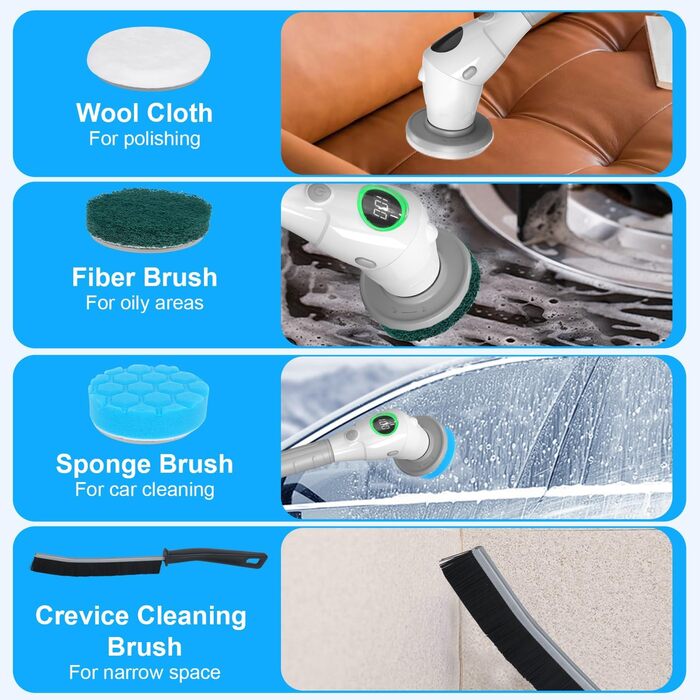 Electric Cleaning Brush, Electric Spin Scrubber Cordless with 8 Interchangeable Brush Heads, 3 Speed, Adjustable Handle, LED Display Electric Brush for Bathroom, Kitchen, Car, Tiles