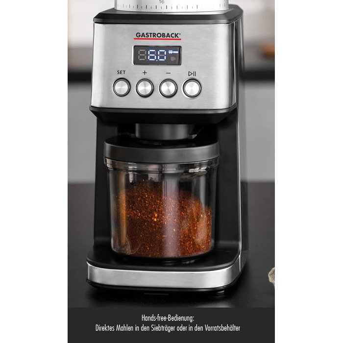GASTROBACK #42643 - Електрична кавомолка з цифровим дисплеєм, 31 ступінь помелу, 2 автоматичні режими, срібно-чорний колір