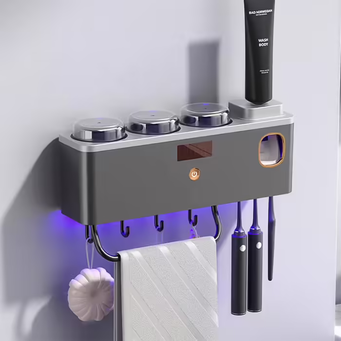 Wall-Mounted Toothbrush Holder with Toothpaste Dispenser, Smart Clean Toothbrush Holder with Solar Charging, Multifunctional Toothbrush Holder Set with 3 Cups and Towel Holder (3 Cups, Gray)