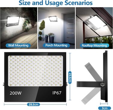 200W LED Floodlight Outdoor, 20000LM LED Spotlight, 7000K Cool White Spotlight, IP67 Waterproof Floodlight, for Backyard, Courtyards, Garage, Hallway, Garden