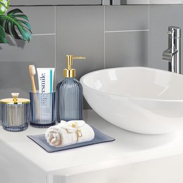 Haturi Bathroom Accessories Set, 4-Piece, Blue Glass - Complete Bathroom Accessories Set including Lotion Soap Dispenser, Toothbrush Holder, Apothecary Jar, Vanity Tray, Bathroom Decor, Gift for