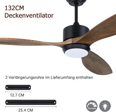 Стеляний вентилятор Ovlaim з підсвічуванням, пультом керування, DC мотор, 3 лопаті, 132 см, для вітальні/спальні, натуральний колір/срібло