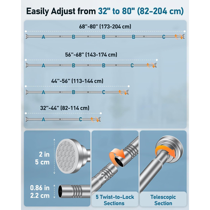 Штанга для душу Uniclife без свердління, 82–204 см, регульована, нержавіюча сталь, для ванної, вікна, шафи, срібна