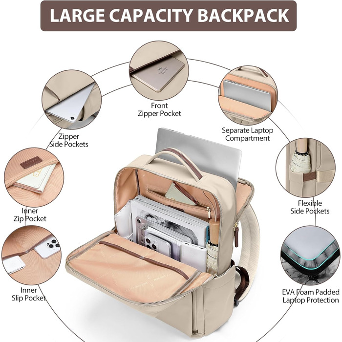 Рюкзак для ноутбука 16 дюймів, водонепроникний, для чоловіків та жінок, для подорожей, школи, велосипеда та повсякденного використання, кольору абрикос
