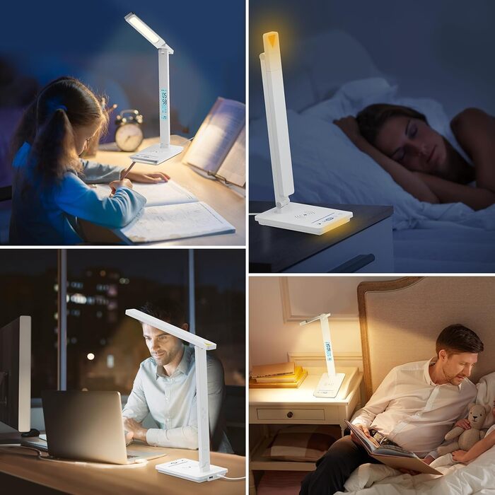 LED лампа настільна YAMYONE з бездротовим зарядним пристроєм та USB-портом, 5 кольорів, регулювання яскравості, нічник, годинник, термометр, для офісу та навчання, білий колір