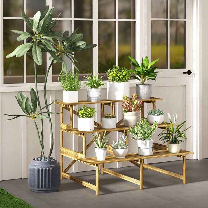 Outsunny Plant Ladder Flower Shelf 3-Tier Fir Wood 120x80x78cm for Garden Balcony & Terrace