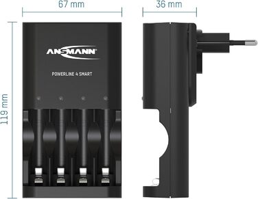 Зарядний пристрій ANSMANN Powerline 4 Smart з 4x NiMH акумуляторами 2850mAh для AA/AAA - автоматичний зарядний пристрій з режимом відновлення, для перезаряджуваних батарей (включно з 4x 1100mAh AAA)
