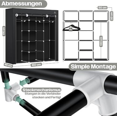 KESSER® Wardrobe Fabric Wardrobe Stable with Clothes Rail & Shelves, Incl. 5x Clothes Hangers, Fabric Folding Wardrobe for Bedroom, Dressing Room Closet with Clothes Rack 150x45x175cm Black