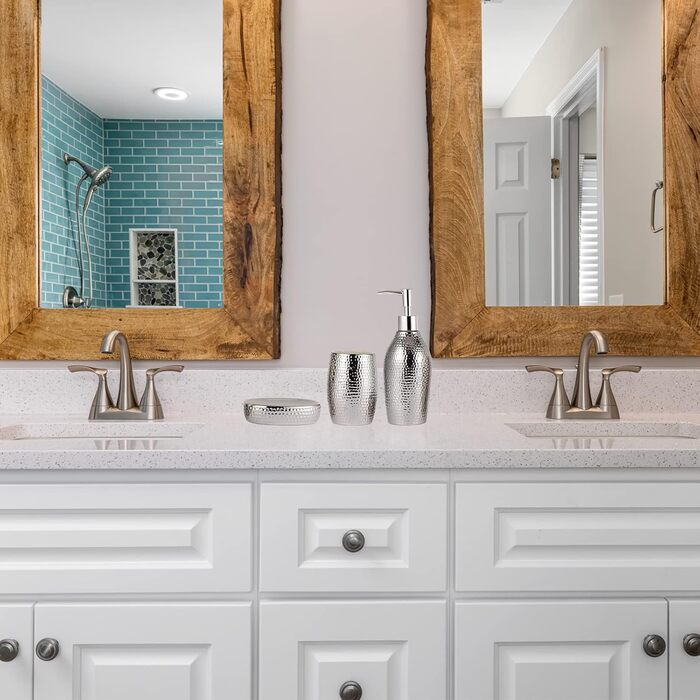 Silver Bathroom Accessories Set – 3-Piece Decorative Ceramic Bathroom Accessories Set with Lotion Soap Dispenser, Toothbrush Holder/Cup, and Soap Dish, Silver Gift Set for New Home Decor