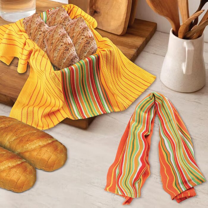 Urban Villa Salsa Striped Kitchen Towels, 100% Cotton, Multicolor, Highly Absorbent, Multi-Purpose Waffle Dish Towels for Cleaning, Soft Towels, 20 x 30 inches, 8 Pack