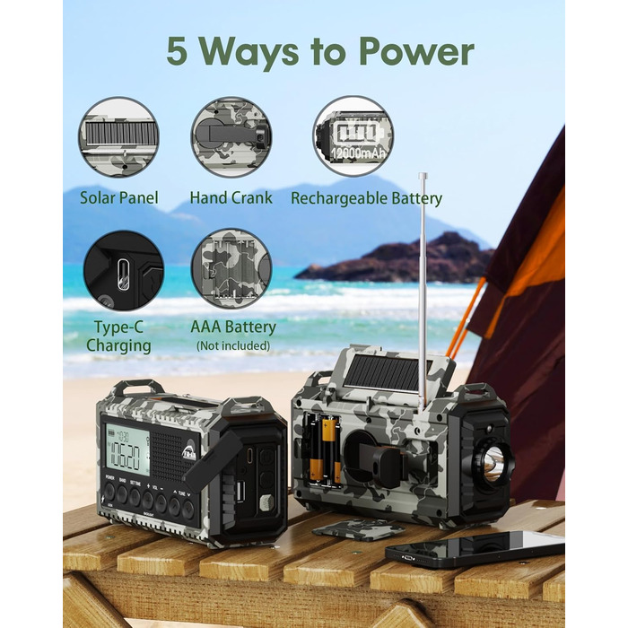 Радіо Kurbelradio на сонячній батареї та з ручкою, 12000mAh, AM/FM/SW, USB-зарядка, SOS-сигнал, для кемпінгу та надзвичайних ситуацій, зелений (сірий камуфляж)