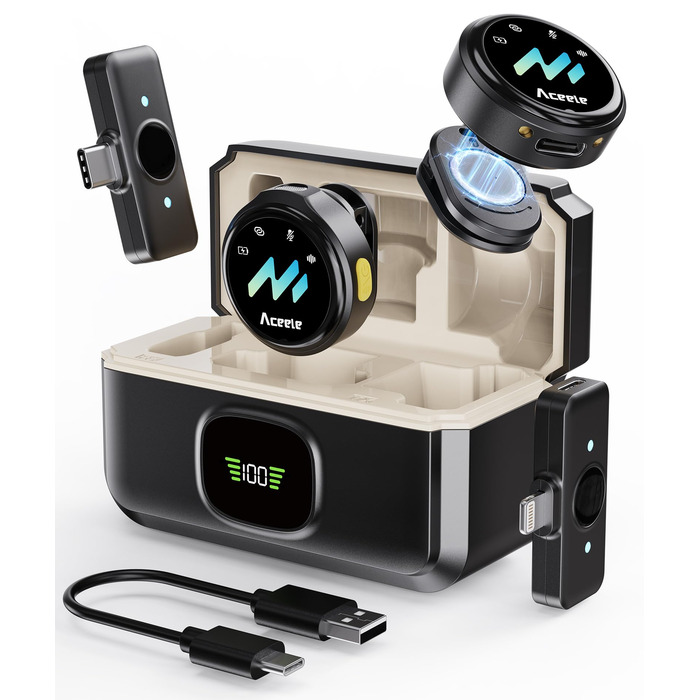 Мікрофон-петличка Aceele бездротовий для iPhone/Android/планшетів/ПК, Hi-Fi звук, шумозаглушення, 24 години роботи, радіус дії 50м, мініатюрний мікрофон для відео/стрімінгу/влогів/подкастів/інтерв'ю з кейсом для зарядки