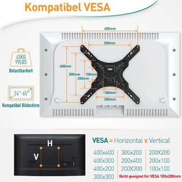 ELIVED Adjustable TV Wall Mount for 24-65 Inch Flat & Curved TVs - VESA 400x400, 45kg Capacity