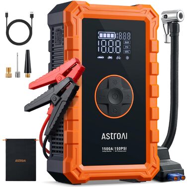 Powerbank AstroAI S8 Air з компресором 150PSI: 5-в-1 пристрій для підкачки шин, 6L бензин/3L дизель, повітряний насос, дисплей 2.4', 3 режими підсвічування