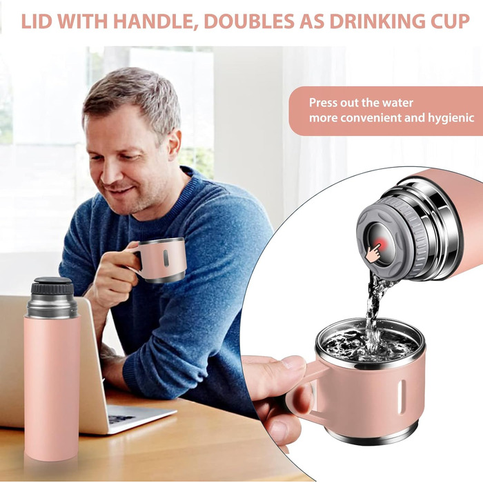 Stainless Steel Thermos Flask with Cup and Handle - 500ml Insulated Travel Mug, Leak-Proof, Double-Walled, Vacuum Insulated, Keeps Hot/Cold for 12 Hours - for Kids, Sports, Travel (Black, Pink)