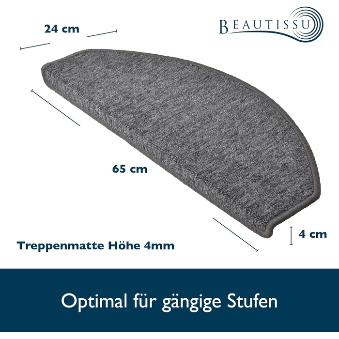 Beautissu Stair Treads - 55x15 cm - 15 Pack - Non-Slip Indoor Stair Mats - Carpet Stair Treads for Narrow Stairs - ProStair - Grey