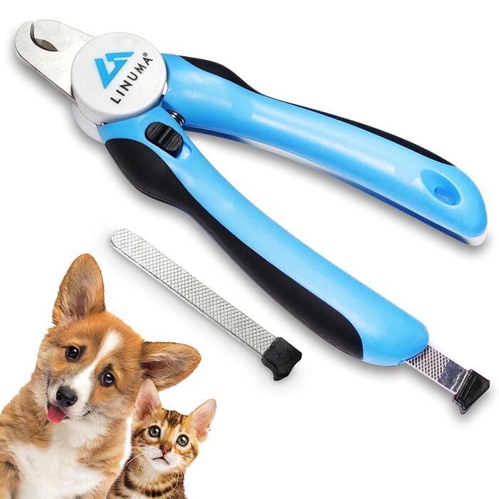 Професійні ножиці для обрізання кігтів собак, котів та дрібних тварин з нержавіючої сталі, з функцією зупинки, інтегрованим напильником та неслизькою ручкою. Підходять для початківців. Колір: блакитний