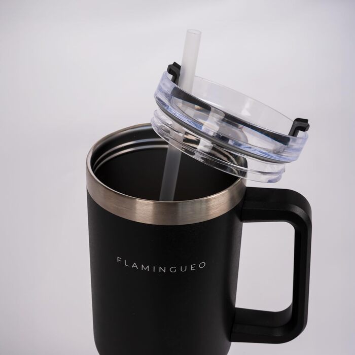 Термокружка з трубочкою Flamingueo - термос, сталева, 1,18л, блакитний (чорний), зберігає холод 24г, гаряче - 10г