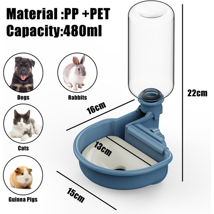 Автоматичний поїльник для собак у клітку, 480мл, антиперелив, фонтанчик для собак, котів та кроликів (Блакитний)