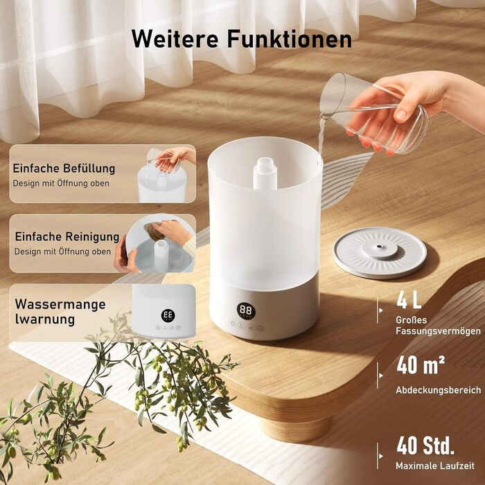 Увлажнитель воздуха для спальни, 4л, ультразвуковой, тихий, с пульт. дистанційного керування, автовимкнення, таймер, 40год, для дитячої кімнати, офісу, рослин