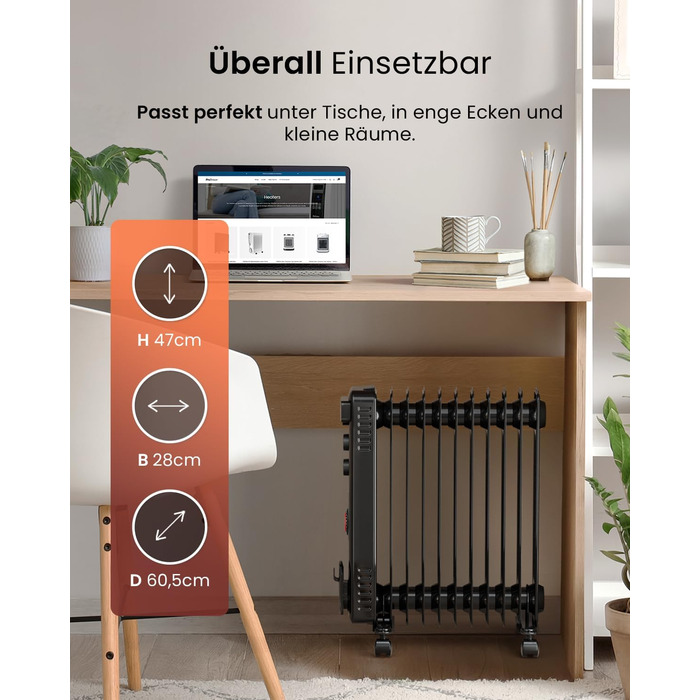 Pro Breeze 2500W Mini Oil Radiator with 11 Fins, Electric Heater, 24h Timer, Energy-Saving Oil Radiator, 3 Heating Levels, Adjustable Thermostat & Safety Shut-off Function - Black