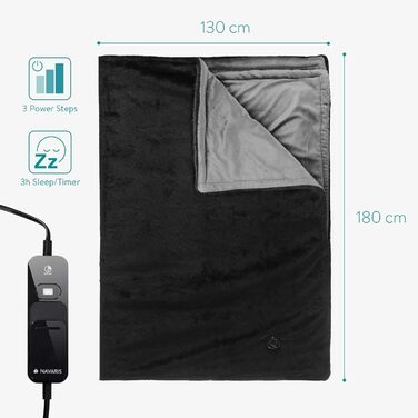 Електрична ковдра Navaris XXL з автовимкненням - тепла ковдра 180x130 см, чорно-сіра, пральна, 180х130 см