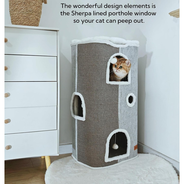 Кігтеточка-будиночок для котів велика, сіра, 42x42x33 см з подушкою та іграшкою