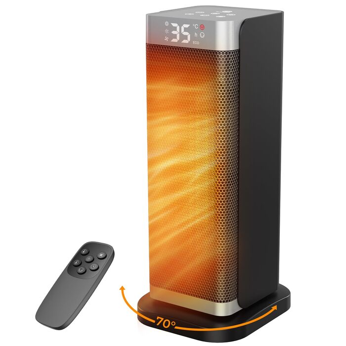 Керамічний обігрівач Fitabok 2000W з дистанційним керуванням, PTC-нагрівачем, таймером на 12г та ECO-режимом, поворот 70°, захист від перегріву та перекидання, чорний