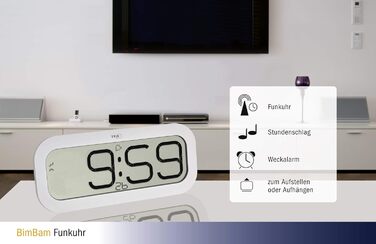 TFA Dostmann Digital Wall Clock with Hourly Chime Bim Bam, 60.4514.02, Radio-controlled Clock with 5 Different Hourly Chimes (Big Ben, Bird, Cuckoo, Bells, Singing Bowl), Alarm Function, LED Display, White