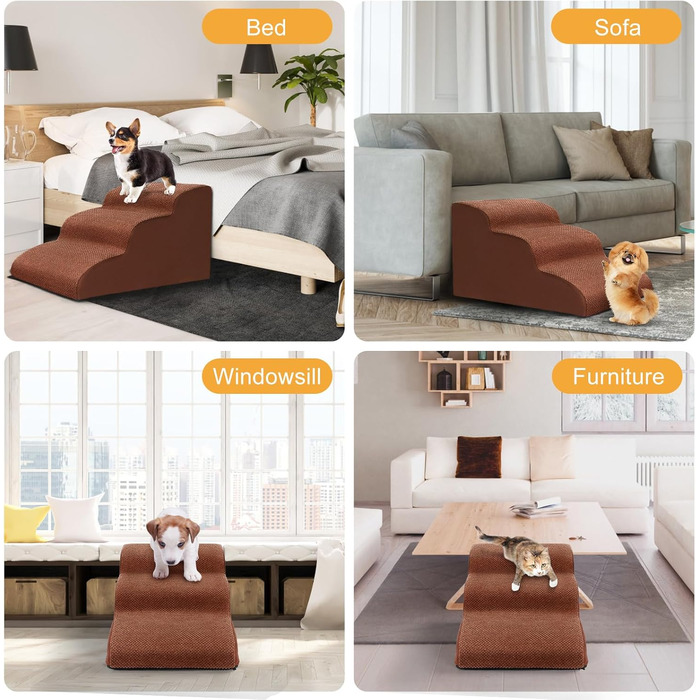 Dog stairs for small dogs, 3 steps pet stairs, cat stairs, sponge dog ramp for sofa bed, dog steps with removable cover, washable pet ladder, includes lint roller (Brown)
