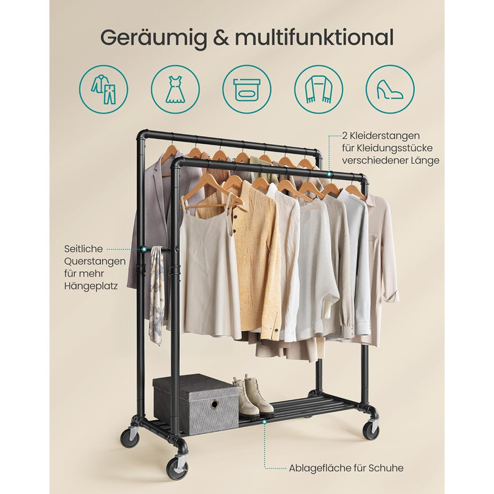 SONGMICS Clothes Rack, Clothes Rail, Coat Rack with 2 Clothes Rails and Shelf, Wheels, Load Capacity up to 110 kg, Industrial Design, for Bedroom, Dressing Room, white HSR060W01 (Black)