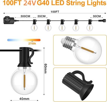 Ланцюжок гірлянд з лампочками 30м, 50+2 LED, IP45, тепле світло для саду, тераси, святкування