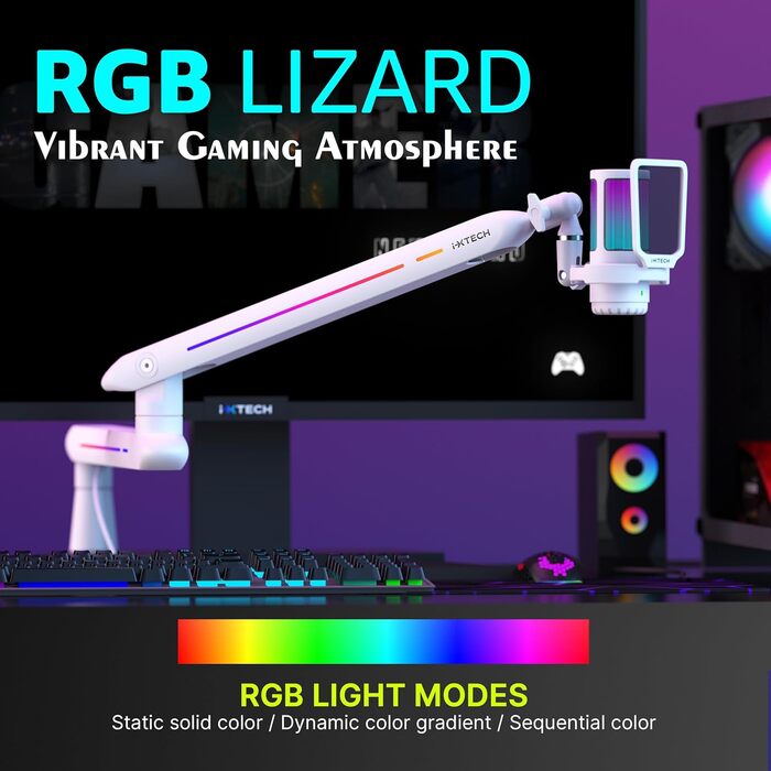 Підставка для мікрофона IXTECH RGB з низьким профілем, регульована, з кріпленням для столу та кабельною організацією, для стрімінгу та подкастів (5 ящірок RGB)