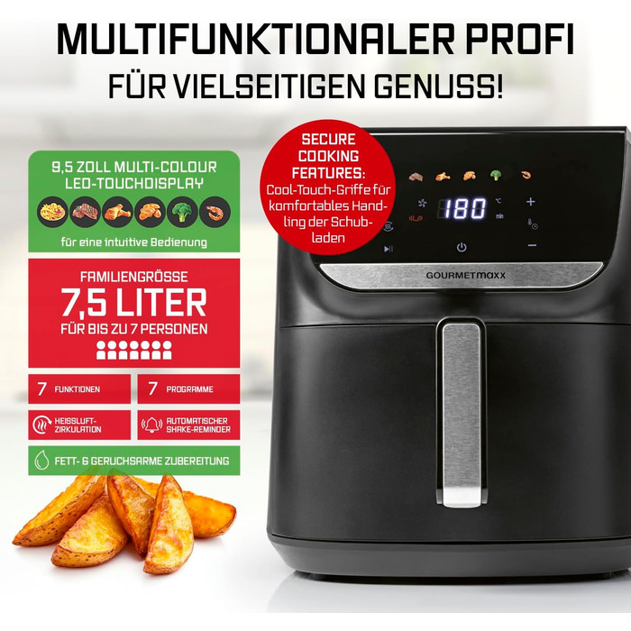 Фритюрниця готує без олії Gourmetmaxx AirGenius 7.5L з 7 програмами та LED-дисплеєм | Міні-піч для смаження без жиру до 7 осіб