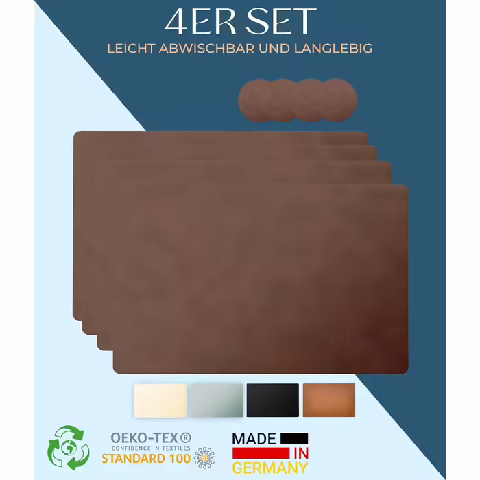 Washable Table Placemats - Set of 4 – Sustainable, Stable & Non-Slip – High-Quality Recycled Leather, Made in Germany (Dark Brown)