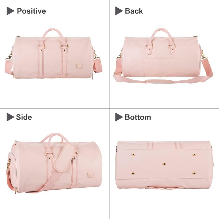 Seyfocnia Convertible Garment Bag for Women, Leather Garment Bags for Travel with Shoe Bag, 2-in-1 Hanging Travel Bags (Pink)