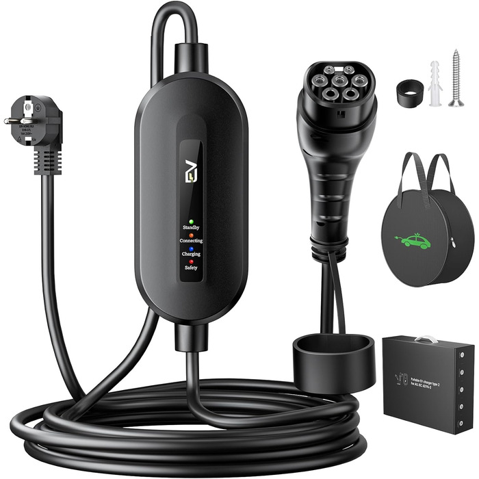 Кабель для зарядки електромобіля Evjuicion Typ 2 Schuko, 3.68kW, 6м, 16A, з індикатором, IP67, для ID.3/4, X1, 5ER, Model Y/3 та інших електромобілів