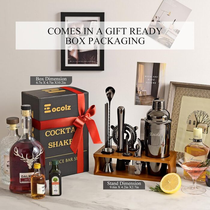 750ml Stainless Steel Cocktail Shaker Set with Bamboo Stand & Recipe Book - 17 Piece Bar Set for Bartenders, Gifts for Women