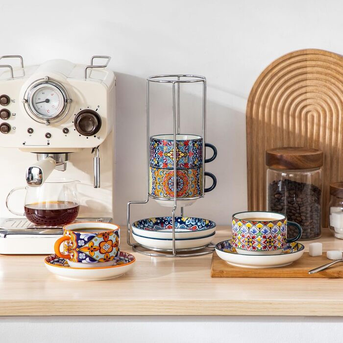 Набір чашок для еспресо Vancasso 4 шт., 150 мл SIMI з підставками та стійкою, керамічні, для капучино, еспресо, лате