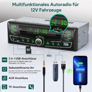 Автомобільна магнітола Wistrue 1DIN з Bluetooth, RDS, FM/AM, USB, AUX, SD, MP3, підсвічування 7 кольорів, для iOS та Android