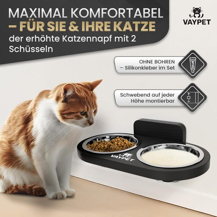 Підвищений годівниця для котів Doppel-Katzennapf: не потребує свердління, зручна, з нержавіючої сталі, чорний