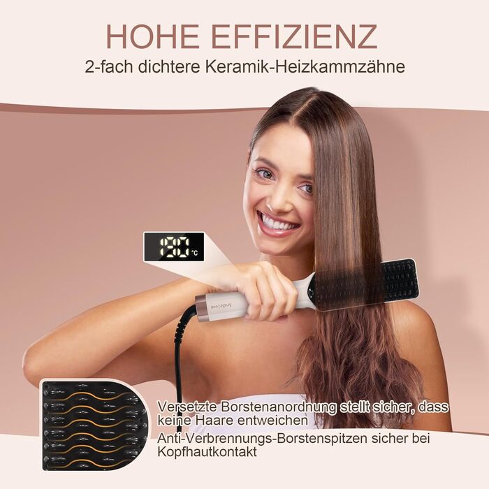 Іонна випрямляюча щітка для густого та кучерявого волосся - випрямляч для волосся з керамічними щетинками та швидким нагрівом, 16 температур (80-230°C), Dual Voltage