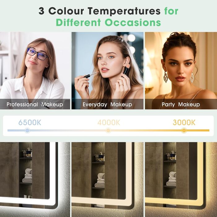 Дзеркало для ванної кімнати S'bagno з підсвічуванням 100x70 см, LED, з полицею, антизапар, 3 колірні температури, регулювання яскравості, HD скло, IP44, горизонтальне/вертикальне встановлення, M55 (без Bluetooth)