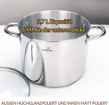HOMICHEF Суповий каструля 9,5 л з кришкою, нікель-вільна нержавіюча сталь, індукційна, зручні ручки, полірована, срібляста, преміум-якість