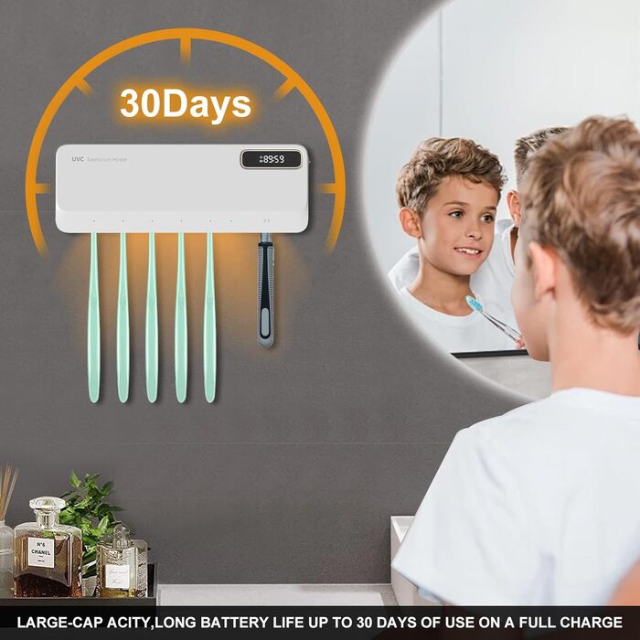 UV Toothbrush Sanitizer with 6 Toothbrush Brush Slots, UV Disinfection Toothbrush Holder with Drying, 2000mAh USB Rechargeable Toothbrush Sanitizer Holder Wall Mounted with 3 Modes for Bathrooms (White)