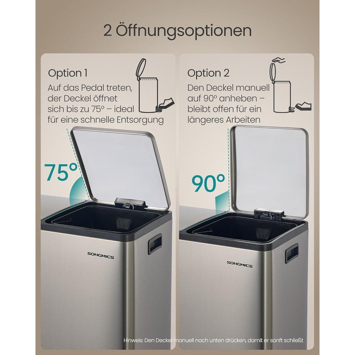 Сміттєвий відер SONGMICS для кухні на 60 л (2х30 л), 2 відсіки, нержавіюча сталь, кришка Soft-close, система сортування сміття з педаллю та ручками, сріблястий, серія PARY LTB160EZ01
