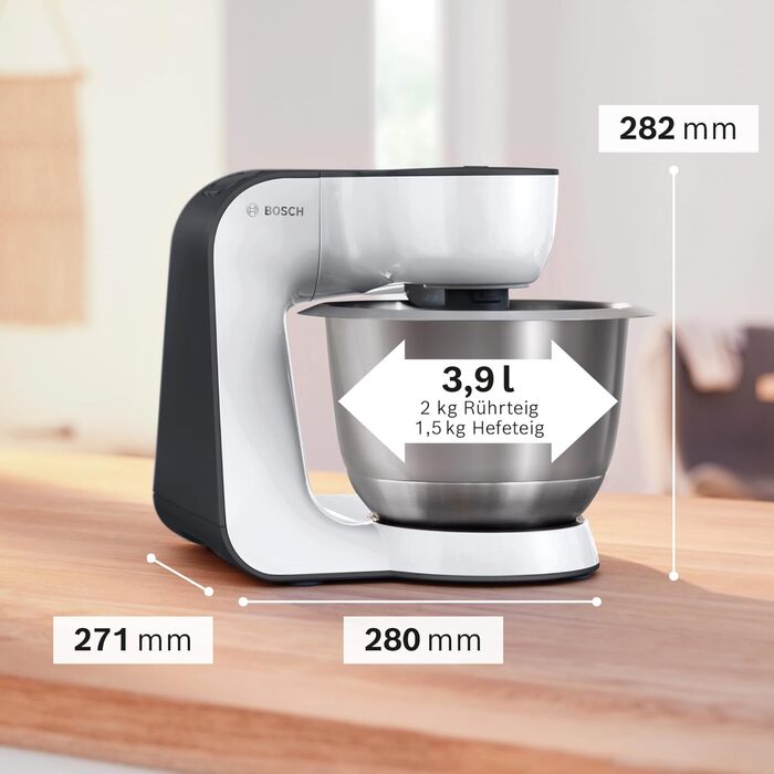 Bosch Kitchen Machine Series 4 MUM54A00, Stainless Steel Bowl 3.9 L, Planetary Mixing System, Dough Hook, Whisk, Beater, 900 W, White/Black Single